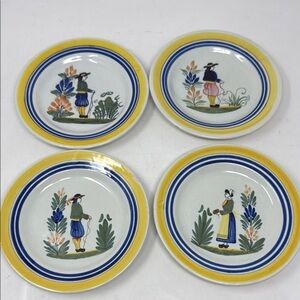 Vintage Henriot Quimper Signed Set of 4 Hand Painted 6" Plates